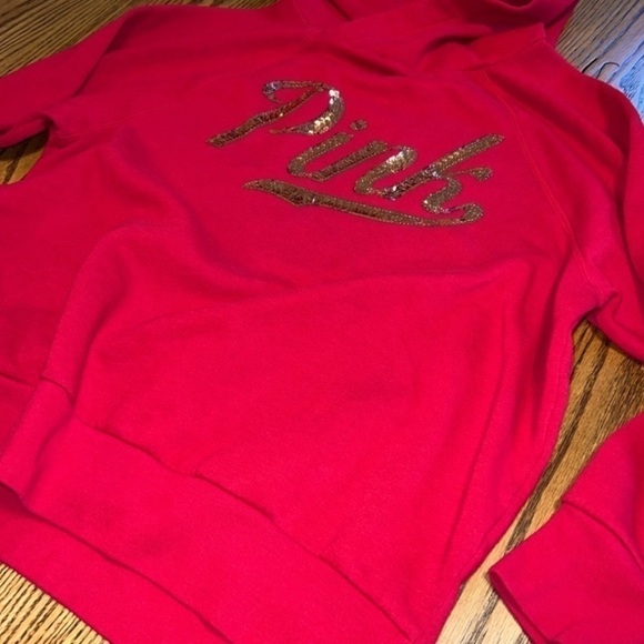 PINK by Victoria’s Secret Spellout Sequin Red Hooded Sweatshirt - Picture 2 of 12